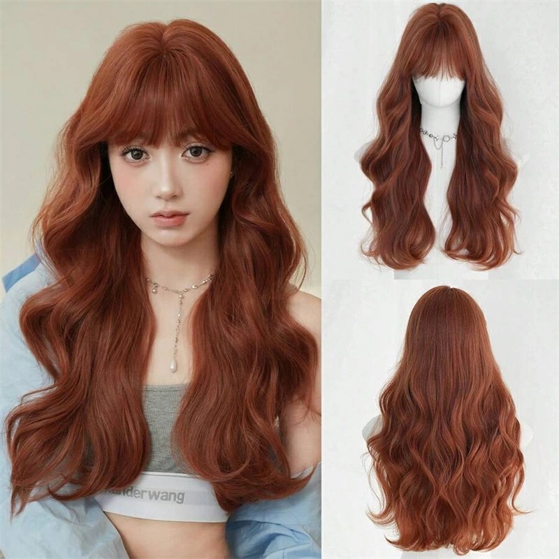 24インチ ブラウン ロング カーリー ウィッグ ウーマン用 - エレガントな超ロング ウェーブ ウィッグ バング付き耐熱合成繊維フルマシン ビューティフル ビギナー グルーレス デイリー ウェア