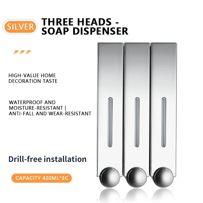 ソープディスペンサー 壁掛け ハンドソープ シングル ダブル 3ヘッド 壁取り付け カビ ホテル用 Silver three heads