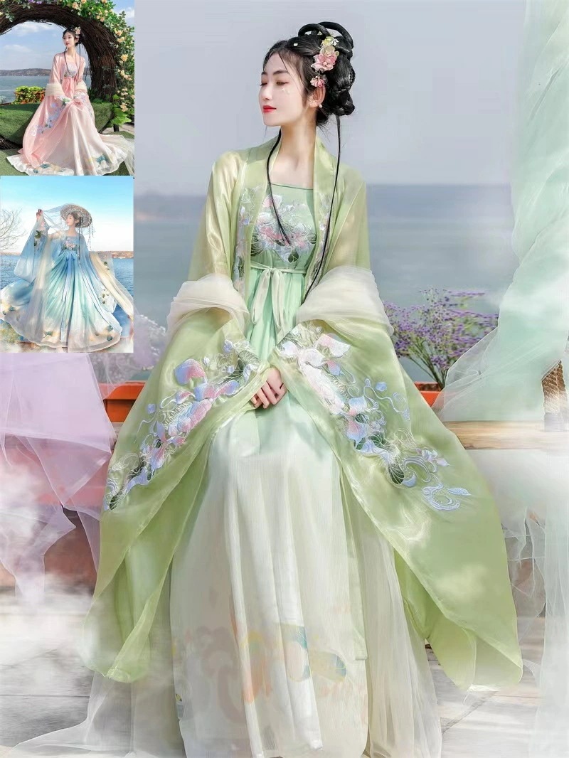 漢服セット グラデーション 中華風コスプレ 羽織 ドレス 唐装 レディース 舞台衣装 蓮刺しゅう 中華服 チャイナ服 中華コスプレ衣装 中華衣裳 エスニック 唐時代 古代 時代劇 華流 コスチューム