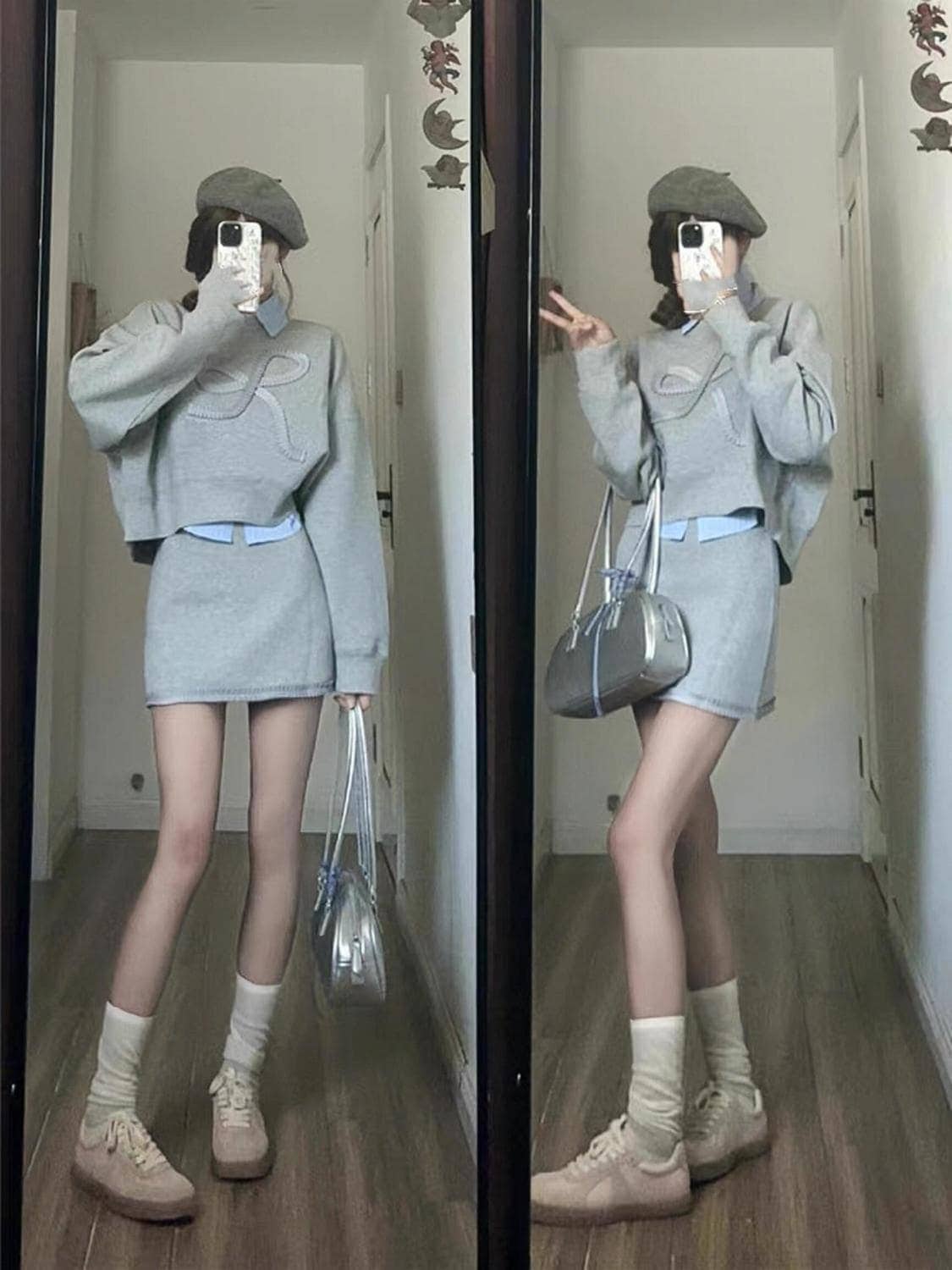 セットアップ デザインセンスショート長袖セーターストライプシャツレース半身スカート女性初秋新作ファッション3点セット