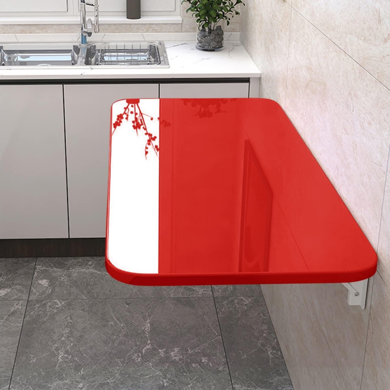 フローティング壁掛けドロップリーフ折りたたみテーブル研究寝室バスルームまたはバルコニー省スペース軽量ランドリー折りたたみデスク (レッド 80x40)