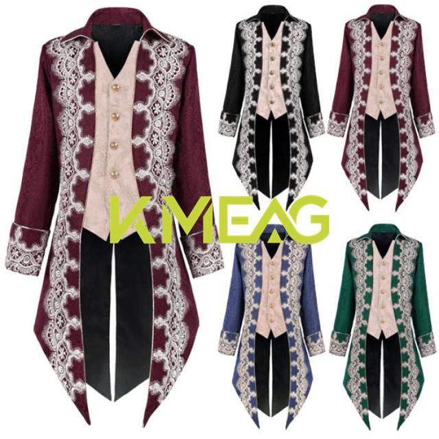 ドレスコート メンズ ロングジャケット 中世ヨーロッパ 貴族風 コスプレ 衣装 宮廷服 ステージ衣装 ルネサンス ヴィクトリア風 長袖 大きいサイズ ハロウィン 仮装 舞台 発表会 黒 ワインレッド