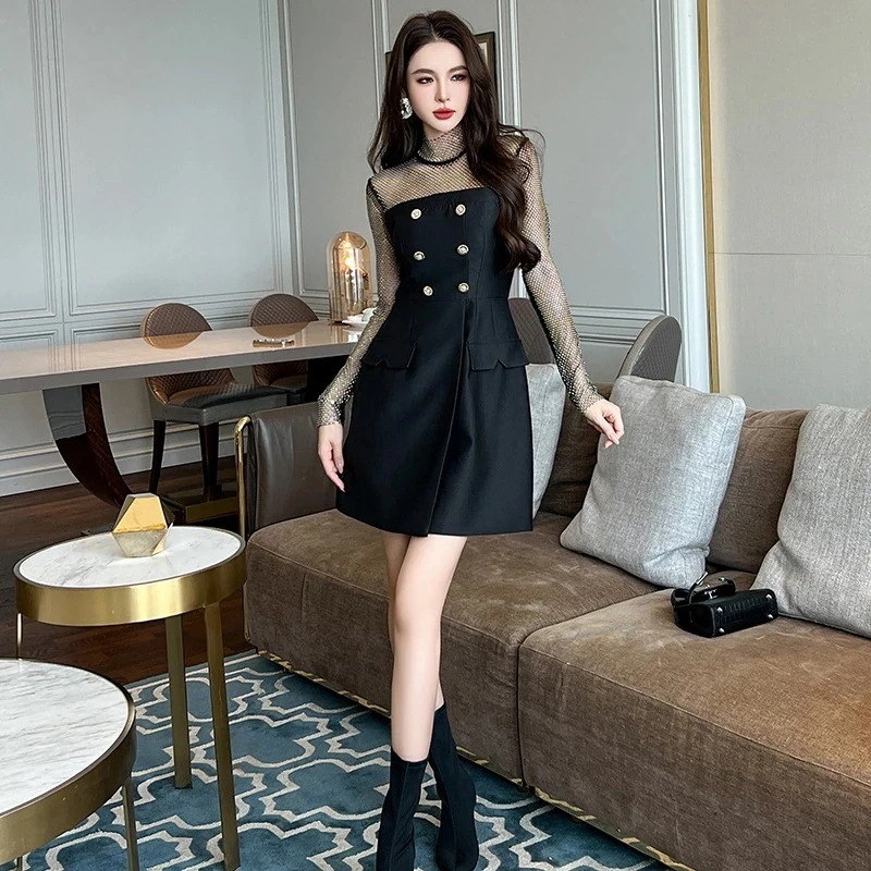 【JY.上品】 秋冬 ショートワンピース Aライン チュール ドッキング パーティードレス キャバ 着痩せ 大人 同窓会 披露宴 卒業式 結婚式 演奏会 ウェディング 二次会