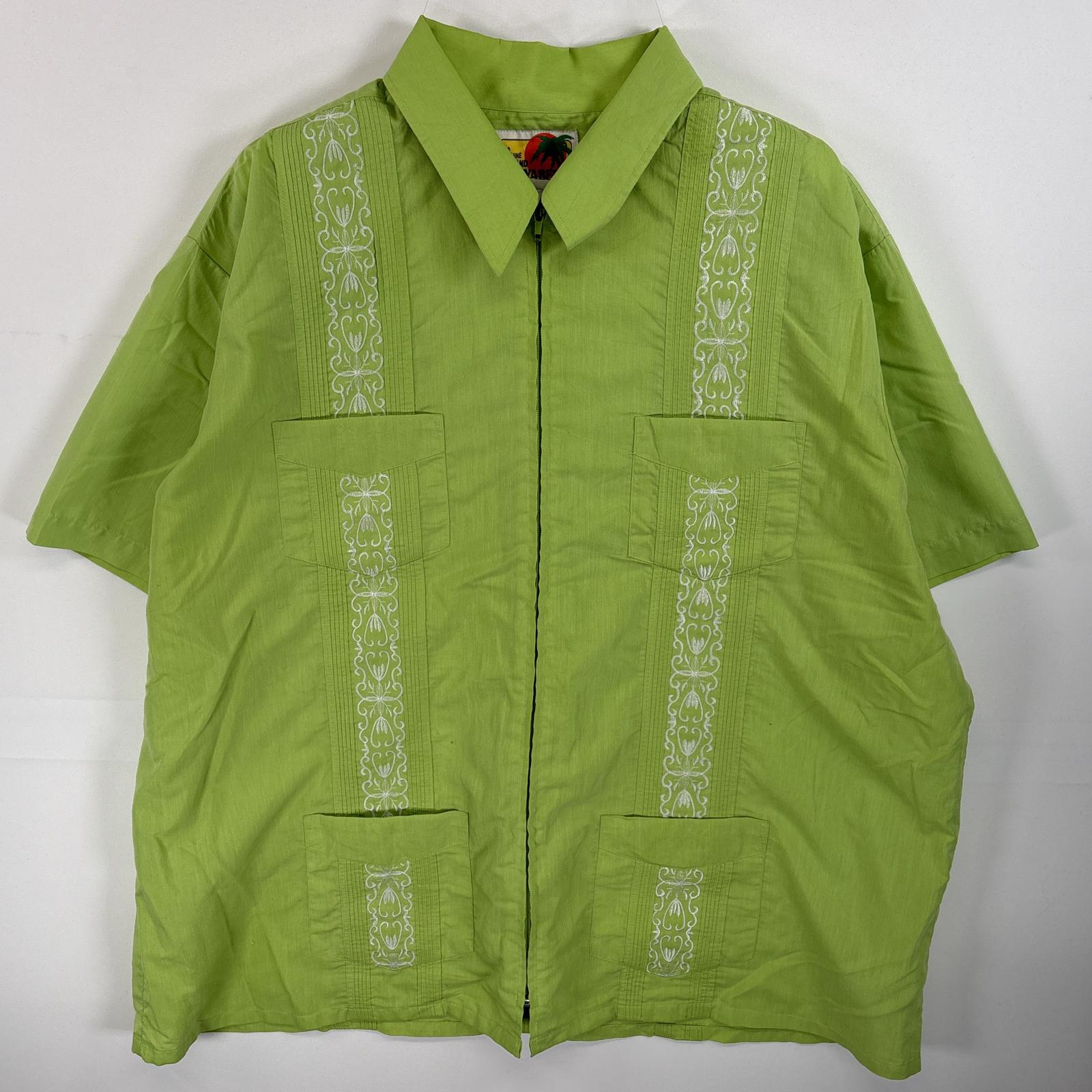 古着 GUAYABERA 半袖シャツ キューバシャツ 4つポケ フルジップ 不明 グリーン系 無地 メンズ