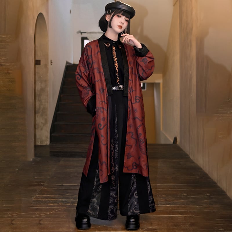 チャイナ風アウター ロングコート 法被 カーディガン 赤 五毒プリント ゆったり レディース 羽織り シャツ 個性的