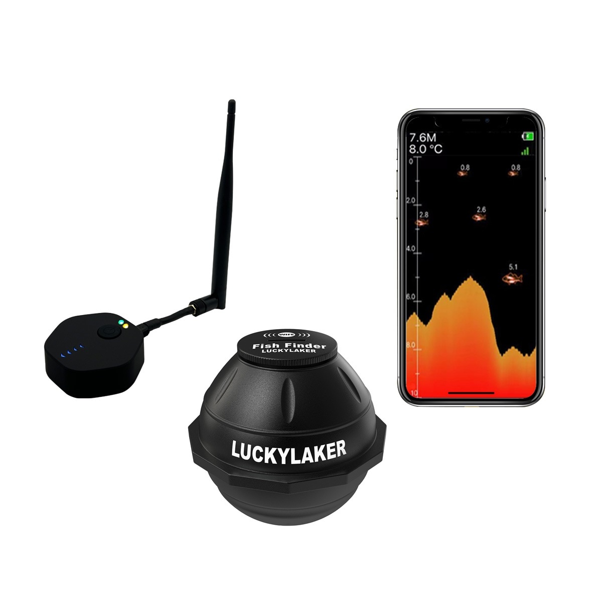 卸売B2B LUCKYLAKER 魚群探知機 150m ポータブル ワイヤレス Wi-Fiスマホ連動アプリ 魚探 投げ釣り ワカサギ バス釣り 感度調整 ぎょたん探知機 正規品 技適 1ヶ月保証