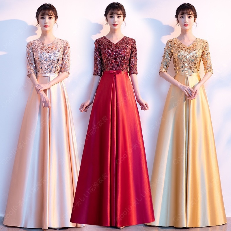 ロングドレス 演奏会 黒 ドレス パーティードレス 大きいサイズ 袖あり 袖付き 発表会 パーティードレス ステージ用 衣装 カラードレス Aライン ファスナー 厚サ-96