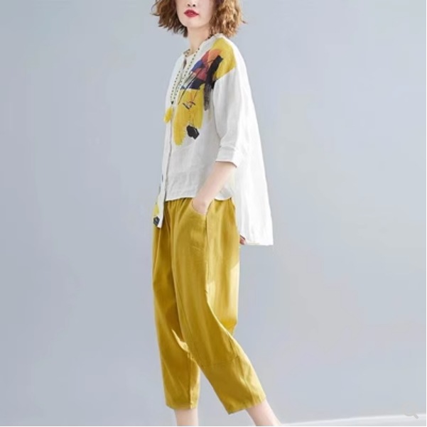 トップス ボトムス パンツ セットアップ シャツ ブラウス ズボン サルエルパンツ アンクル丈 七分袖 ラウンドネック アシンメトリー 裾ワイド 綿 麻 薄手 カジュアル 大人 お洒落 アジアン