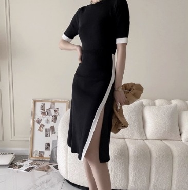 レディース ワンピース ニット オールインワン つなぎ フレンチ スリット ハイウエスト ミニ 膝上 半袖 ラウンドネック タイト スリム 細身 Aライン かわいい 大人可愛い きれいめ 上品 おしゃ