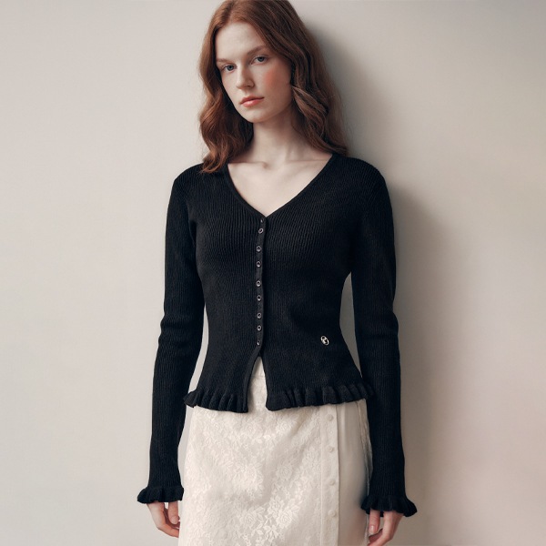 V NECK RUFFLE CARDIGAN BLACK