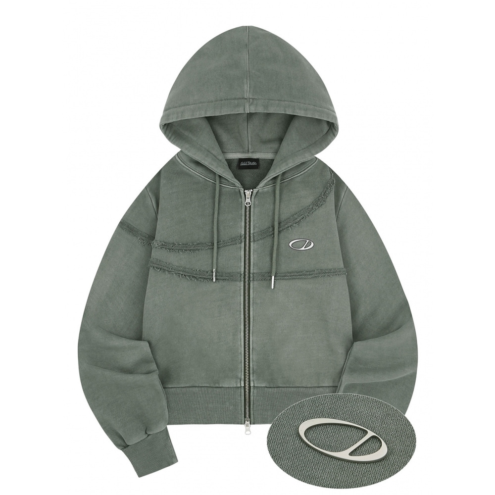 ODD STUDIO ピグメントカットオフパーカージップアップカーキ