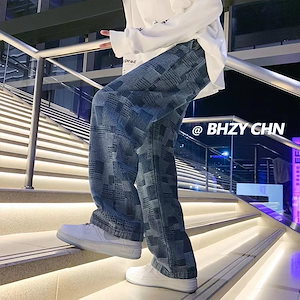メンズジーンズ2023新作ジーパン ワイドパンツ ファッション チェック柄ストレート刺繍多種のTYPEデニムロングパンツ