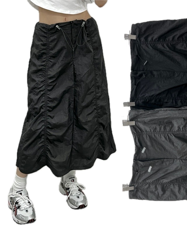 ぽっちゃり)) ナイロン シャーリング ミディ スカート (2 color)