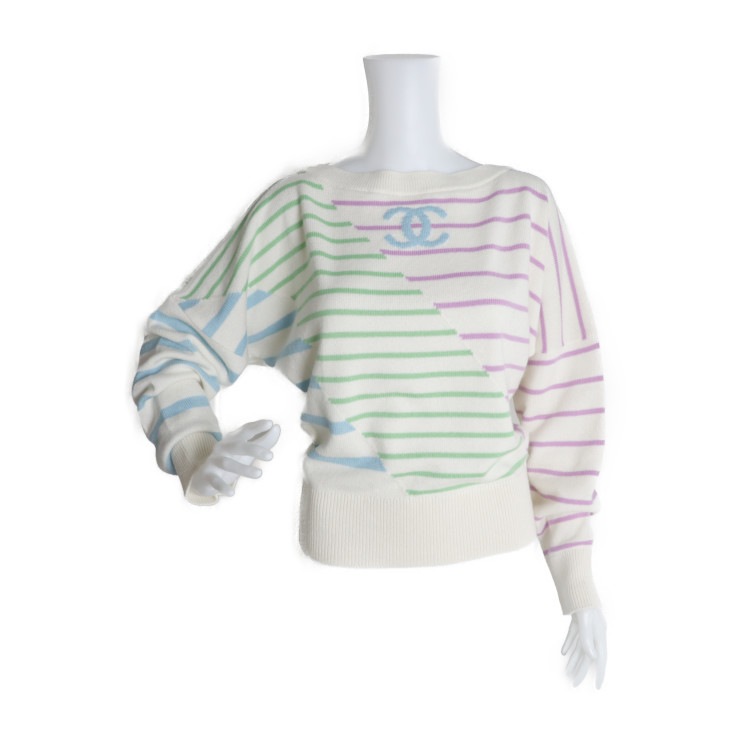 美品 CHANEL シャネル セーター P62885K 48446 ココマーク 表記サイズ 38 カシミヤ アイボリー マルチカラー ニット ボーダー ドルマンスリーブ プルオーバー【本物保証】