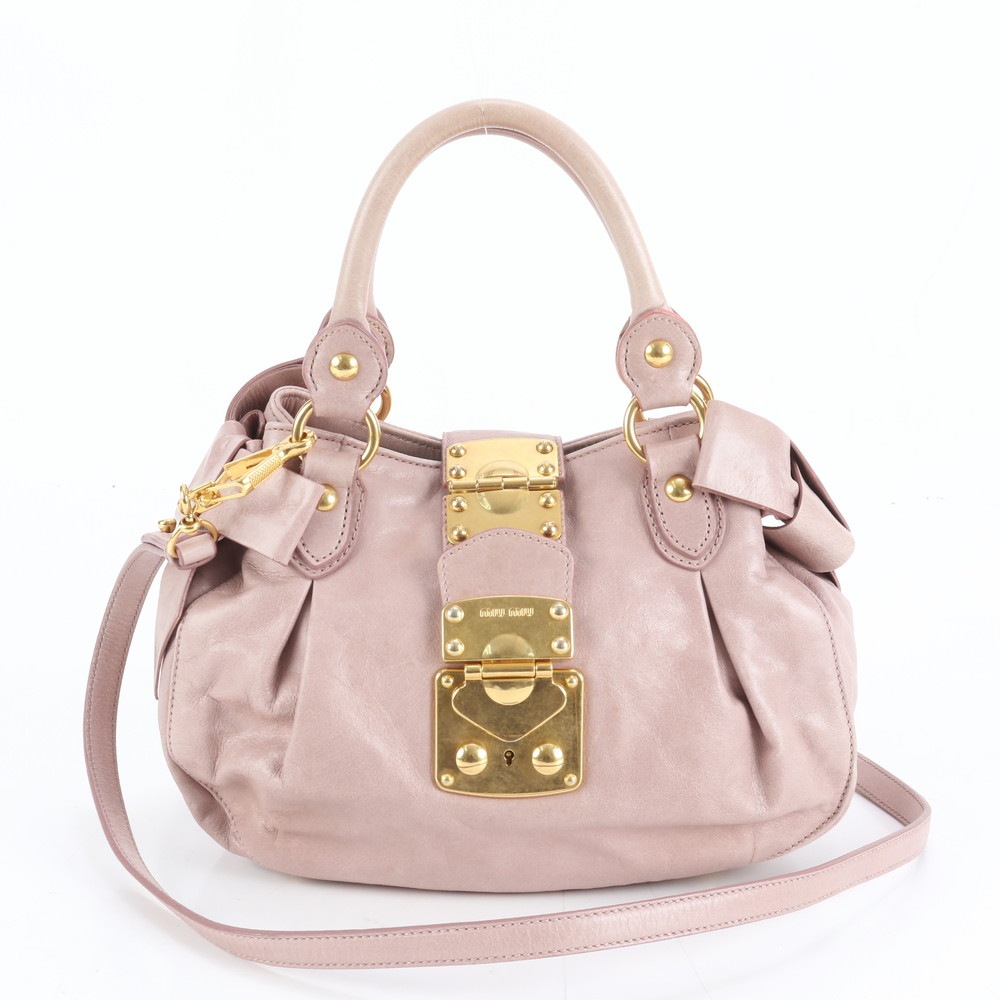 美品 サイドリボン レザー 2WAY ショルダーバッグ 斜め掛け ハンド トート 本革 ピンク レディース EWM DN2-9 中古