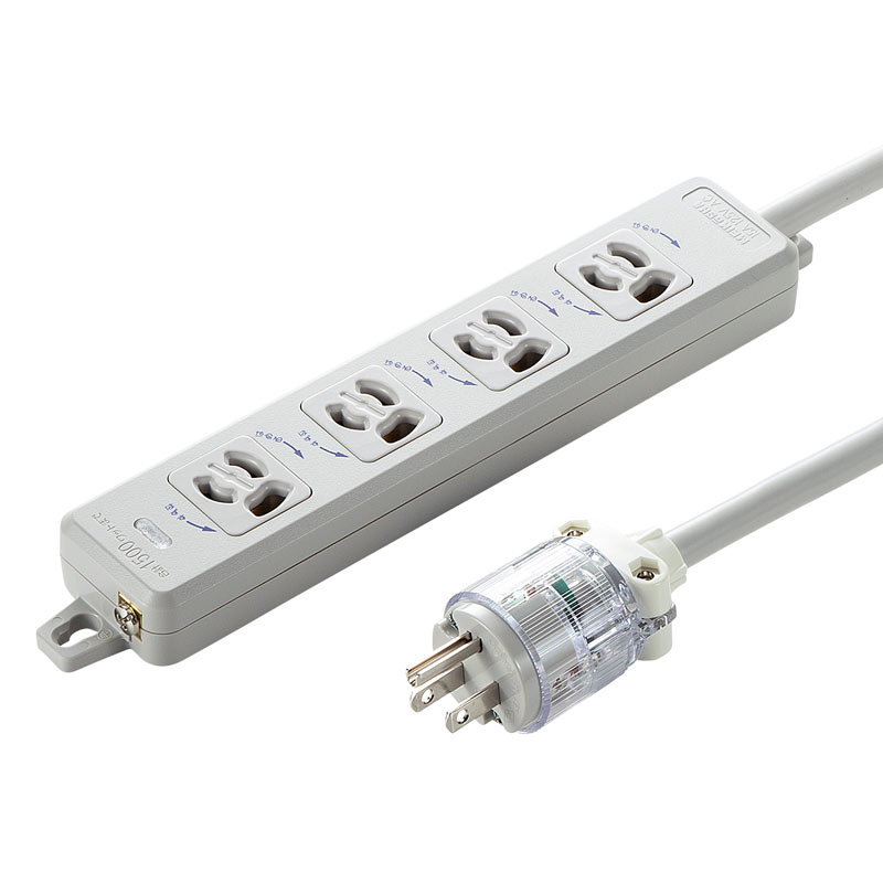医用接地プラグ付き電源タップ 3P 4個口 グレー 5m TAP-HPM4-5W
