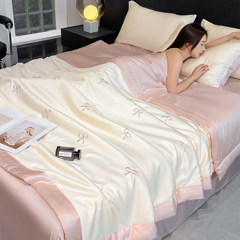 アイスシルク 夏布団 水洗シルク 刺繍 接触冷感 肌掛け布団 エアコン 掛け布団 薄い 布団セット 布団 シーツ 枕カバー 3/4点セット