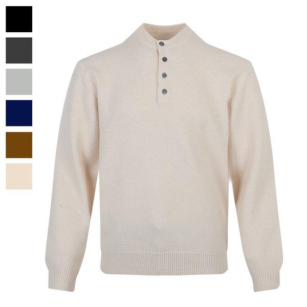 メンズ・ポネ・ヘンリーネック・ウール長袖ニットTシャツ AT-KN-Q040-ナチュラル