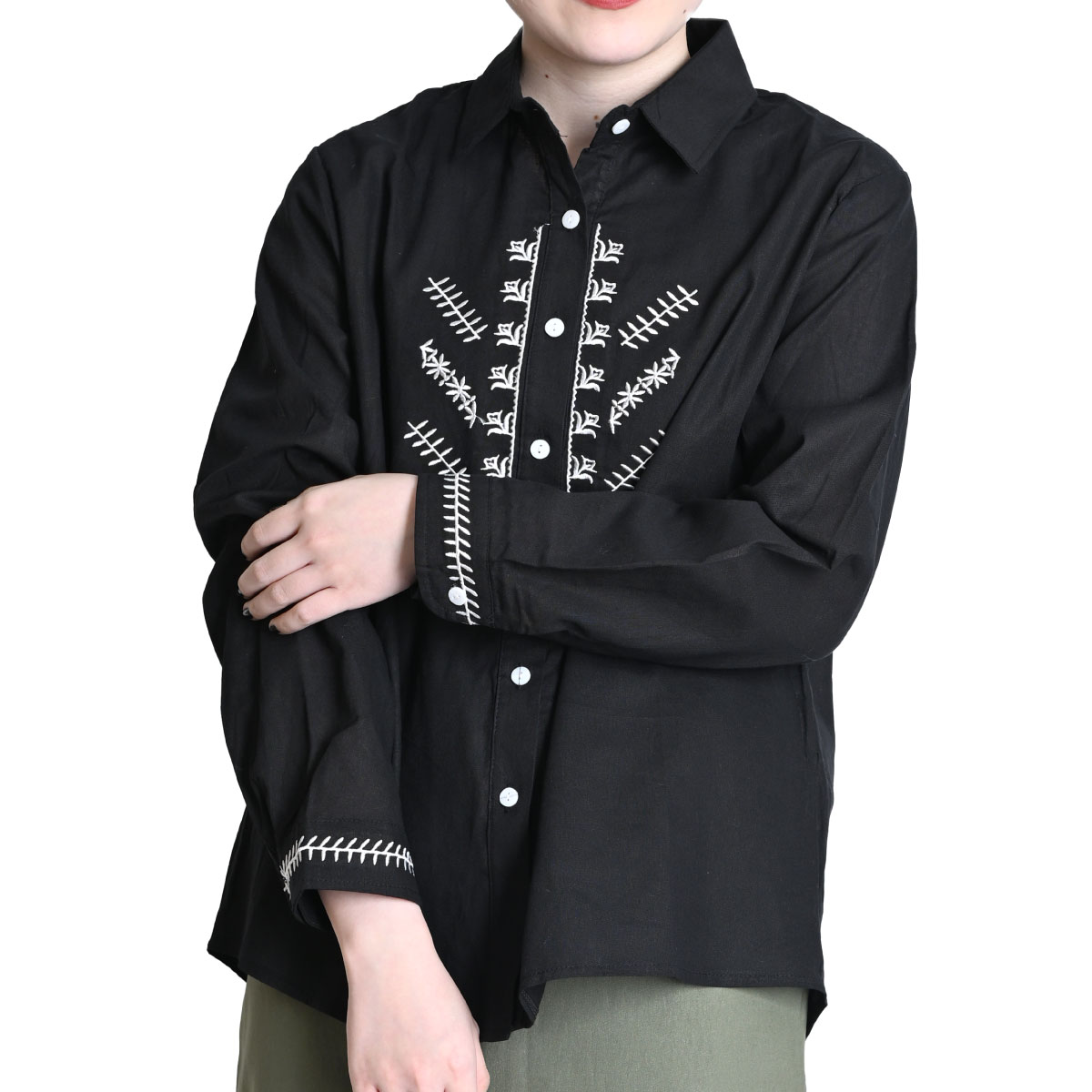 シャツ ブラウス レディース 長袖 刺繍 トップス 春 夏 秋 冬 シャツブラウス 刺繍シャツ 刺繍ブラウス 長袖シャツ 長袖ブラウス 長袖トップス 羽織り デザインシャツ ゆったり 大きいサイズ コ