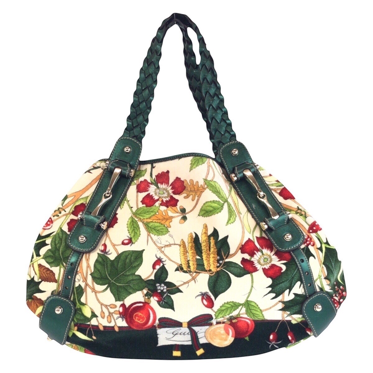 美品 ホースビット フローラルプリント グリーン マルチカラー シルバー金具 ベロア/レザー 137621 トートバッグ ショルダーバッグ レディース 501526