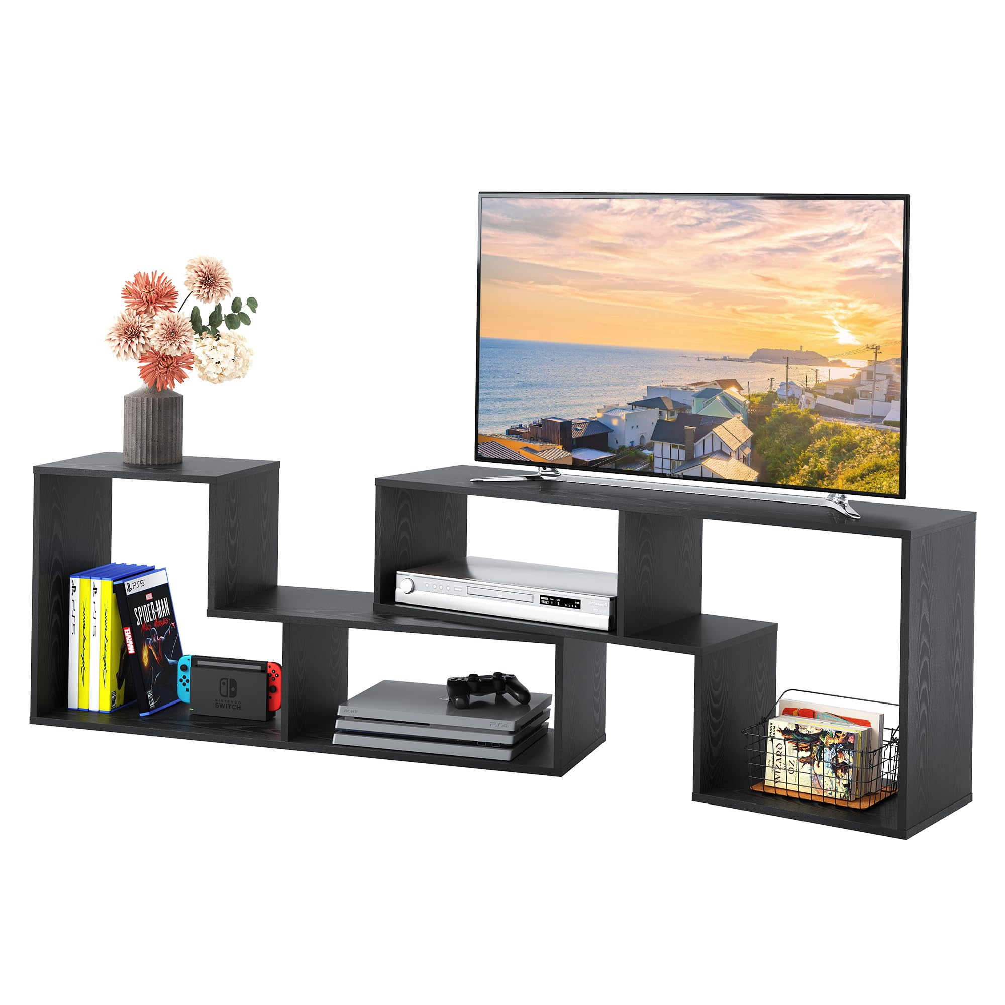 テレビ台 テレビラック テレビボード ローボード 伸縮 幅105~210cm 60インチまで対応 コーナー 収納ラック 2点セット 簡単組立 ブラック 24097