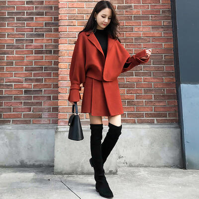 袖コンシャス セットアップ ジャケット スカート コート アウター ショート丈 長袖 ミニスカート レディース ゆったり 着回し エレガント 大きいサイズ おしゃれ オレンジ ブラウン 春 秋 冬 2