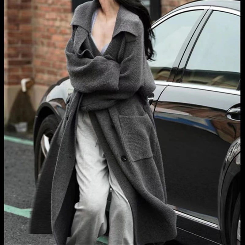 人気なリブニット韓国系の怠惰な風ロンコート秋冬デザイン感がゆるい洋風のセーターのカーディガンコート