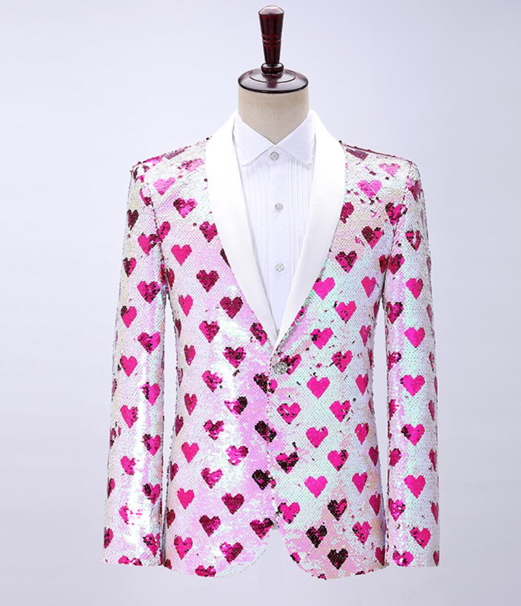 ステージ スーツ スパンコール スーツジャケット ハート柄 総柄 カラースパンコール 変色 おしゃれ きらきら スーツ 舞台 ステージ衣装 メンズ 1ツ釦 ピンク系 パーティー 結婚式 イベント 余興