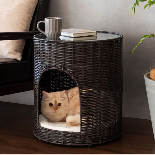 宮武製作所【ペット用品】猫ちぐら Pienet（ピエネ） ダークブラウン 完成品（ガラス天板のみ取り付け） CGR-400-DBR【クッション付き】サイドテーブルとしても