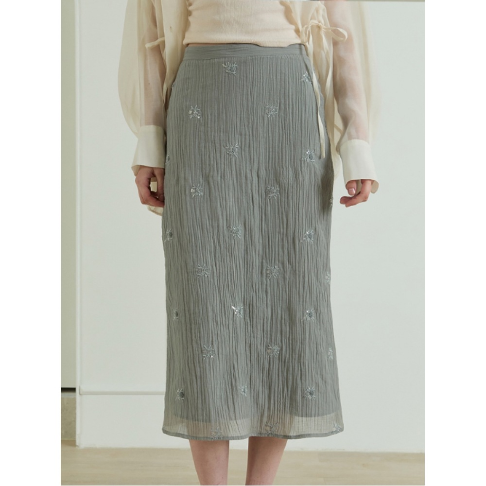 LILIUM [第3次再入荷] デルマークリンクルビーズスカート_アッシュカーキ