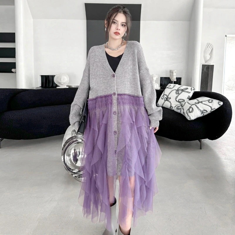 【J.Fashion】 2024秋冬新品 ニットワンピース チュールドッキング ニットカーディガン ロングカーディガン セーター メガ割30%制限