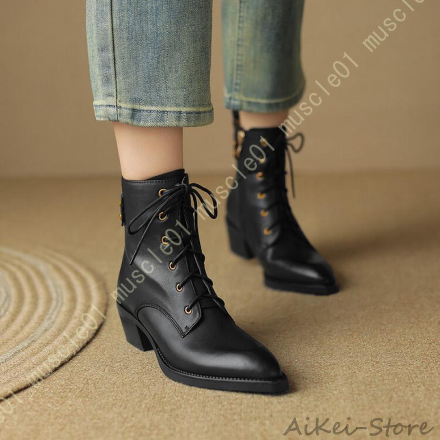 レディース レースアップブーツ 牛革 編み上げブーツ ショートブーツ 袴ブーツ アンクルブーツ 美脚ブーツ ブーティ おじ靴 ブーティー オックスフォード