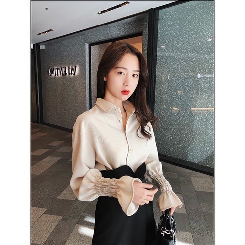 2469.パフスリーブ長袖ブラウス（アプリコット）2019 春夏 カジュアル 無地 普段使い お出かけ