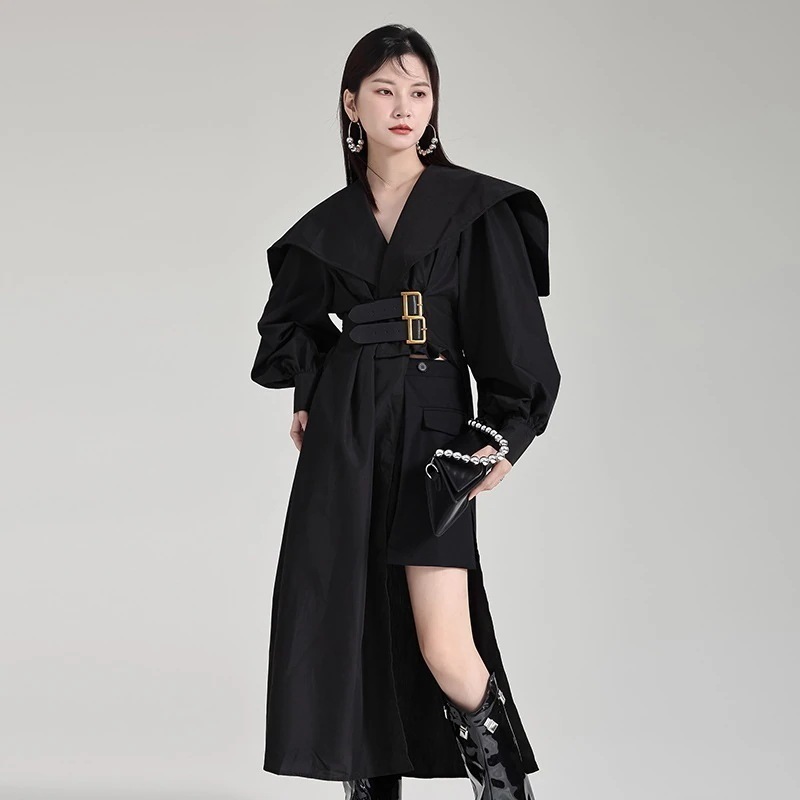 【J.Fashion】 レトロ ドッキング シャツワンピース ベルト付き Vネック おしゃれ レディース ロングワンピース フリル 着痩せ スリット ドレス 関連商品は店で購入可能 メガ割