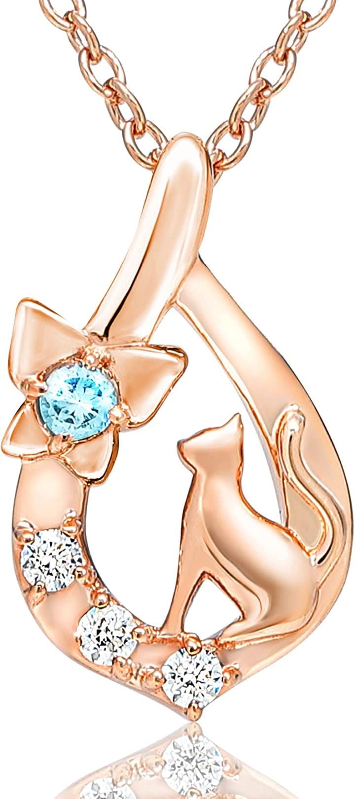 プチシャトン 天然石 シルバー SV925 ネコ 蝶々 ネックレス レディース 1-01 ピンクゴールド-ブルートパーズ(1-01 ピンクゴールド-ブルートパーズ)
