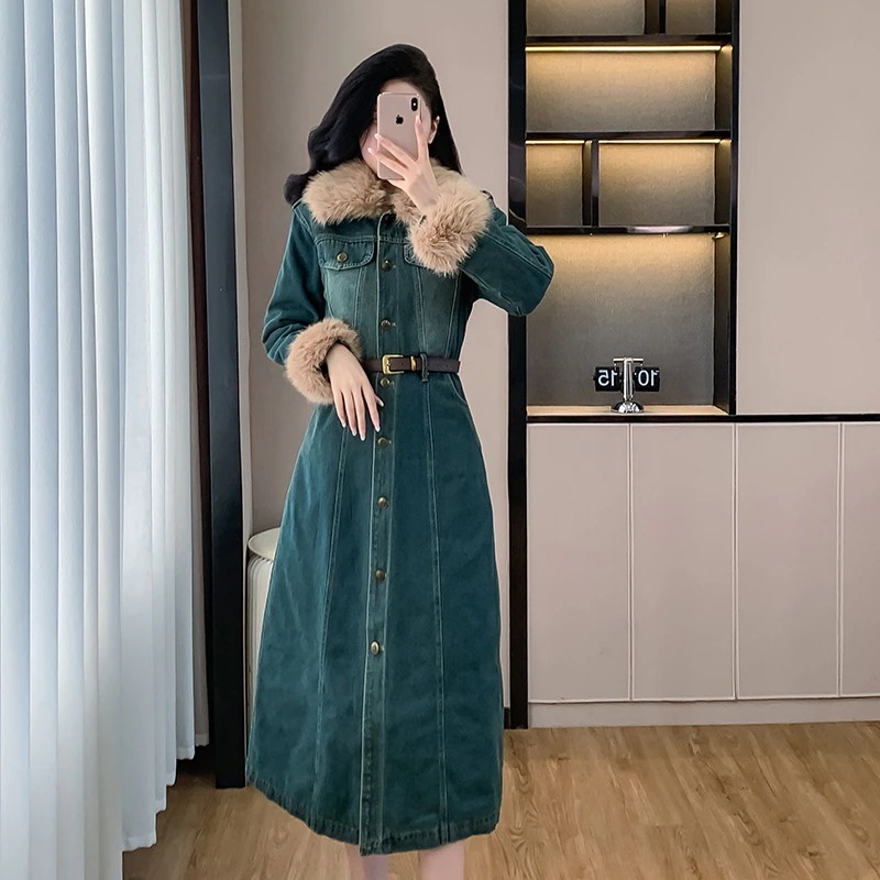 【3日で出荷】冬新品 デニムジャケット ロングコート 裏起毛 デニムワンピース ファー 人工フリース ステッチ ぬいぐるみ ボア 華やか暖かい 保温 レディース コート アウター ジャケット メガ割