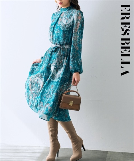 ロング・マキシ丈/半袖 プリントベルテッドワンピース ERES BELLA