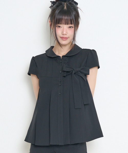 【ILLIGO】 RIBBON PLEATED SHORT SLEEVE BLOUSE BLACK 正規品