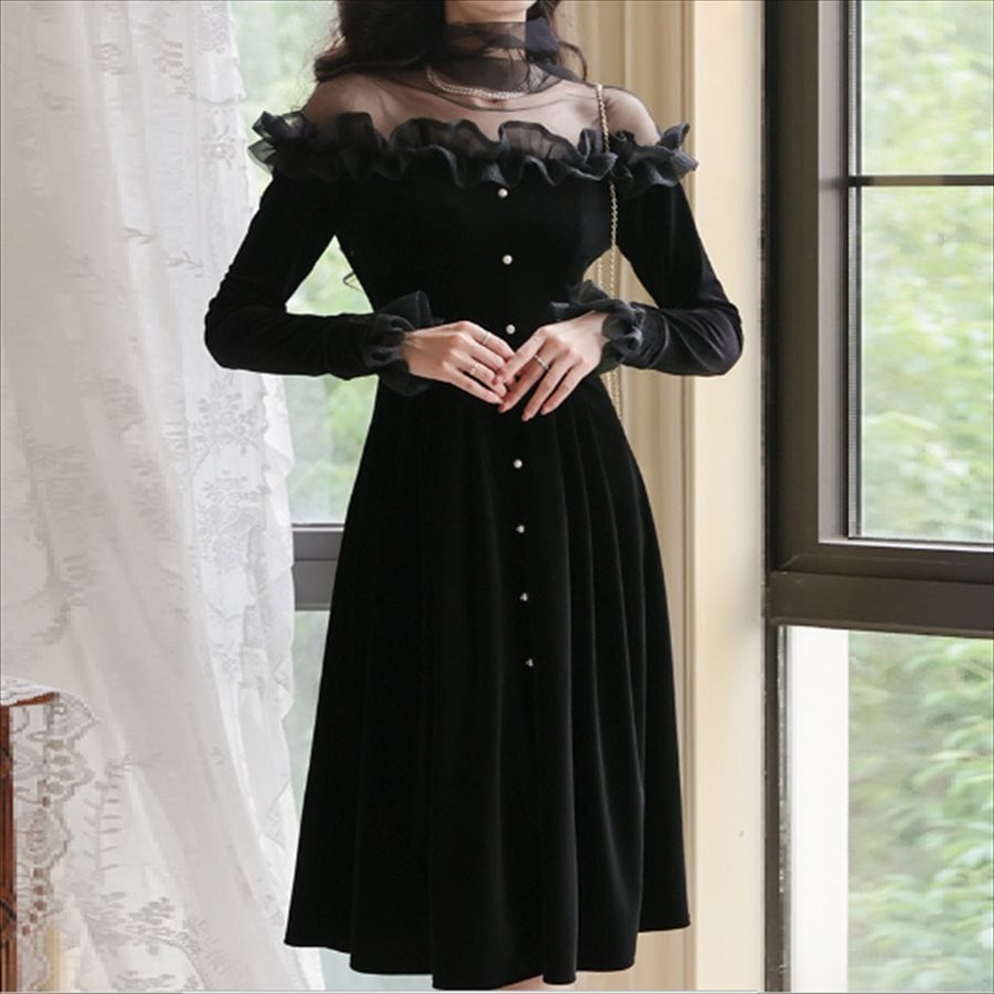 ロングドレス 2色 ドレス 衣装 ワンピース ミニドレス パーティードレス ロング ロング丈 膝丈 ひざ丈 袖あり 長袖 オフショルダー チョークネック Aライン フレア 透け感