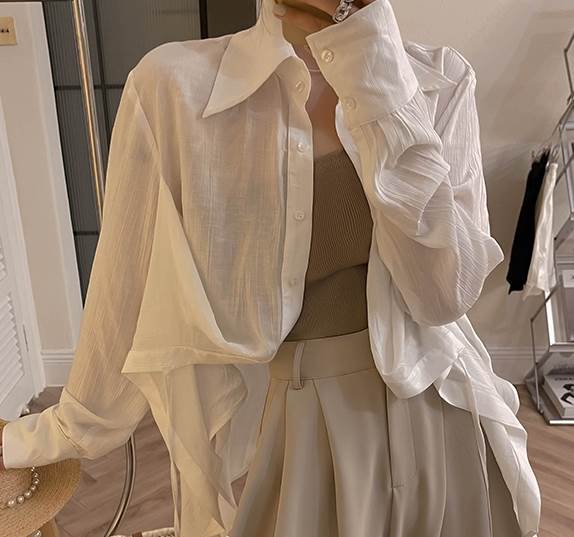 アウター シャツ ブラウス 袖あり 長袖 襟付き アシンメトリー 切り替えデザイン 前後差 バックシャン バックコンシャス リボン 薄手 透け感カジュアル おしゃれ アジアン エスニック エキゾチック
