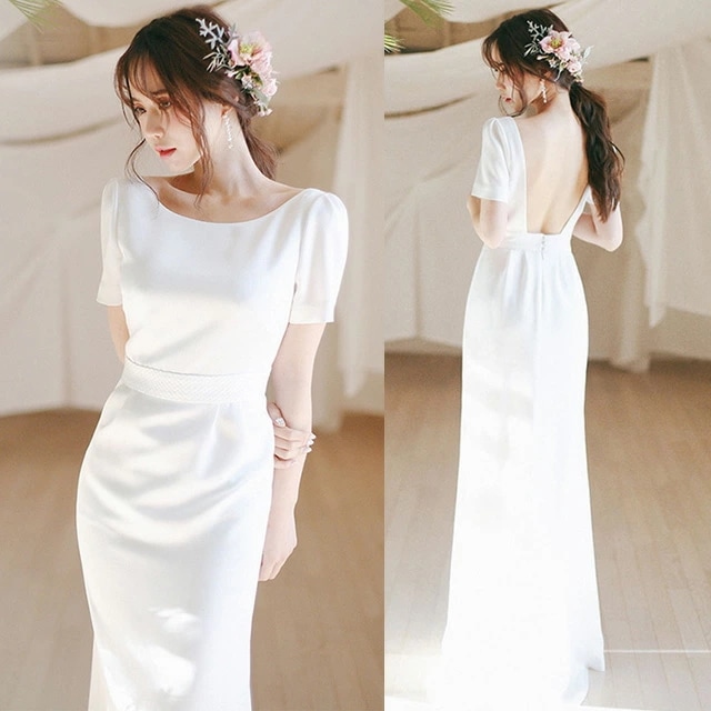 高品質保証サテン ウェディングドレス マーメイド ロングドレス ホワイト 結婚式 マーメイドドレス シンプル 優雅 エレガント ブライダルドレス 袖あり 半袖 二次会ドレス 披露宴 背開き セクシー