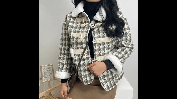 [カシミア!!] トッポッキ ファー カラー チェック ウール ジャケット