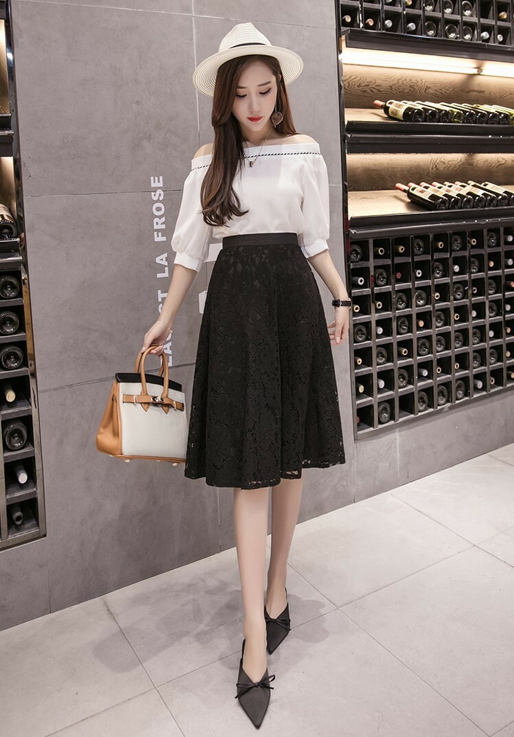 レーススカート Aライン フレア 膝丈 レディース 無地 ハイウエスト ボトムス エレガント レース 裏地 韓国 10代 20代 30代 40代 50代 ベージュ ブラック おしゃれ 大人 綺麗