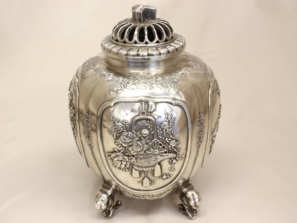 送料無料 中古 SV900 シルバー900 銀製 香炉 青鳳 小物入れ シルバー