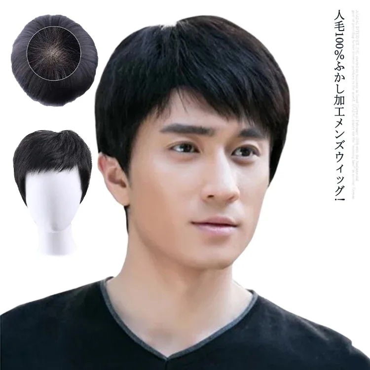 人毛100％! ウイッグ フル 男性 かつら 自然 ナチュラル カツラ 黒髪 短髪 ビジネス用 医療用 白髪隠し 人毛 ショート ボリュームアップ 普段使い 軽量 通気性 ネット付き