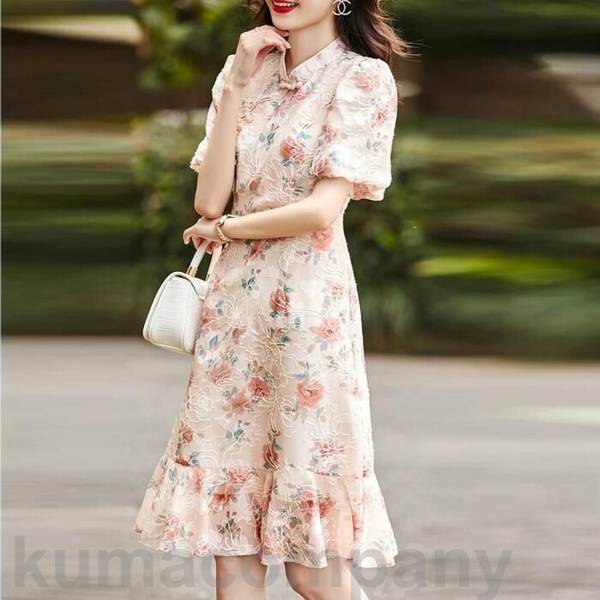 パフスリーブ ワンピース ドレス 袖あり チャイナドレス フラワー 花柄 エレガント レディース きれいめ カジュアル おしゃれ 半袖 大人 可愛い フェミニン ひざ丈 フレア 体型カバー 上品 お呼