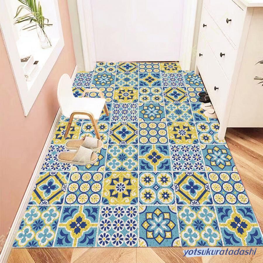 【大好評！最安値挑戦!】ラグカーペット ダイニングラグ 撥水 モロッコ タイル ブルー・グリーン 撥水 クッションフロア はっ水 ラグ ダイニングマット 北欧 おしゃれ 拭ける おしゃれ