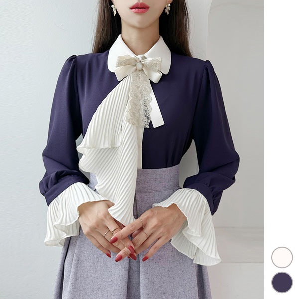ブラウス レディース トップス フリル ラッフル シャツ 長袖 リボン 配色 タイ パブスリーブ 上品 きれいめ 春 秋 韓国 to27969