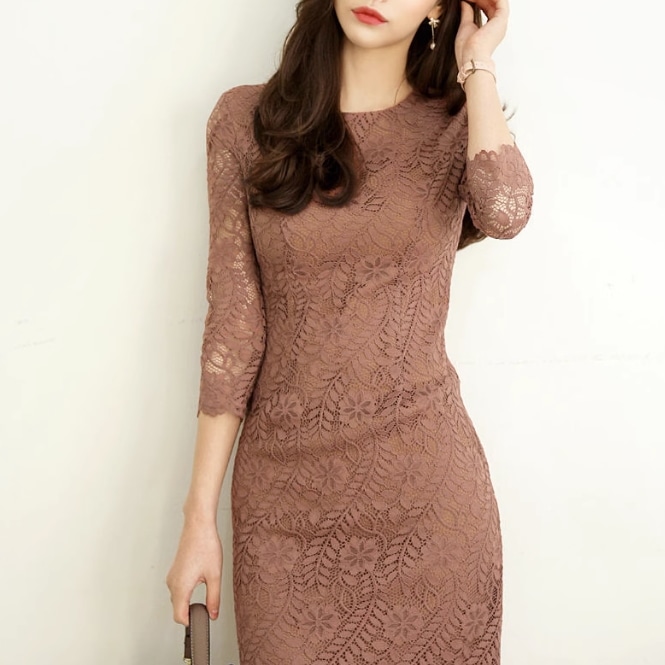 ワンピース ミニ ミニ丈 袖あり 7分袖 七分袖 ラウンドネック 襟なし スリム タイト ストレート レース 刺繍 ファスナー ハイウエスト かわいい 大人可愛い きれいめ 上品 おしゃれ アジアン