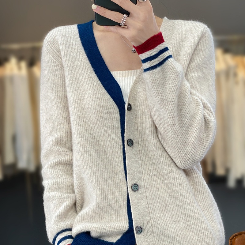 ファッション100純ウールのカーディガンv字の襟がゆったりしています